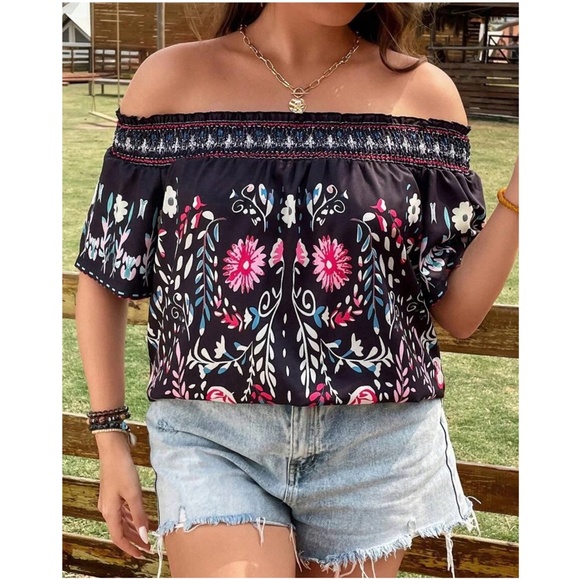 Plus Floral Print Off Shoulder Cottagecore Blouse - Picture 11 of 11